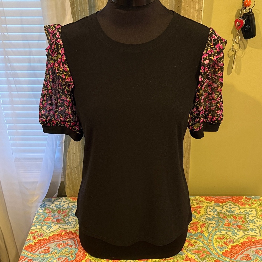 CeCe Black Blouse with Floral Sleeves